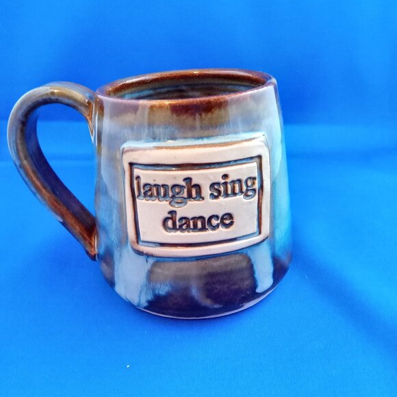 Wardell hand made pottery blue brown mug LAUGH SING DANCE - Picture 1 of 6
